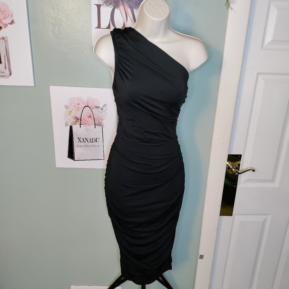 One Shoulder Ruched Party Dress Zipper Closure Midi Length
